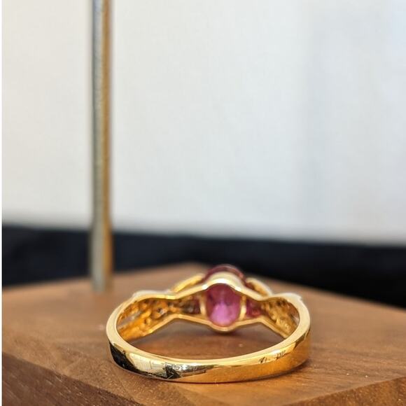 14K Gold Natural Pink Tourmaline & Diamond Criss Cross Band Ring Size 9.5 - Picture 6 of 15